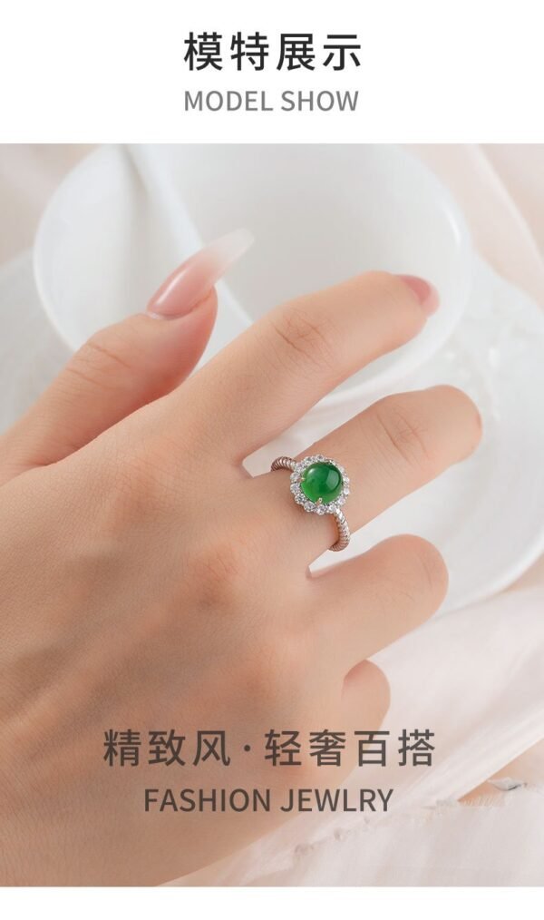 Nieuwe Chinese stijl groene chalcedoon open ring lichte luxe hoge gevoel licht ingelegd verstelbare ring Internet beroemdheid dezelfde ring