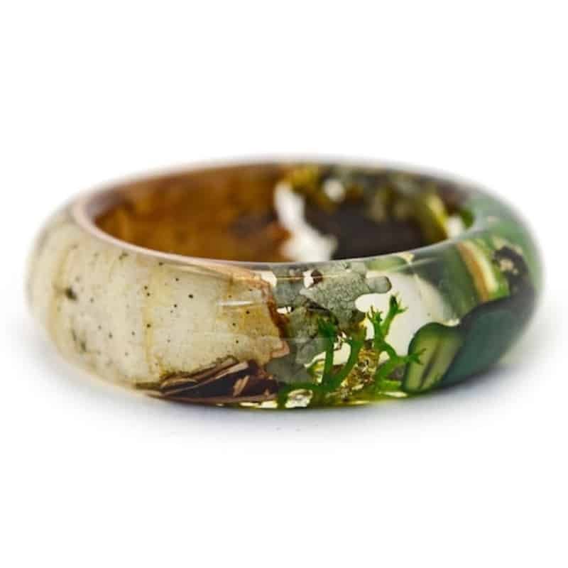 Forest Ring, Malachite, Moss, Birch and Lichen Glass Container Ring, Mountain Ring, Men's Ring