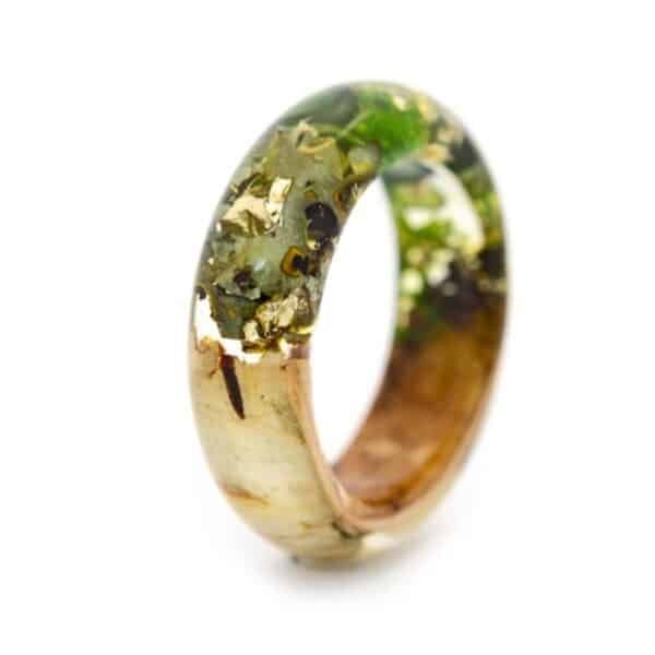 Anello della foresta, anello contenitore in vetro con malachite, muschio, betulla e licheni, anello di montagna, anello da uomo