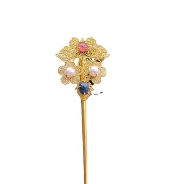 Gouden zijde ingelegd met parels, vlinderbloemen, kleine inzetstukken, Hanfu-accessoires, natuurlijke oude rode en blauwe schatten voor vriendinnenstijl