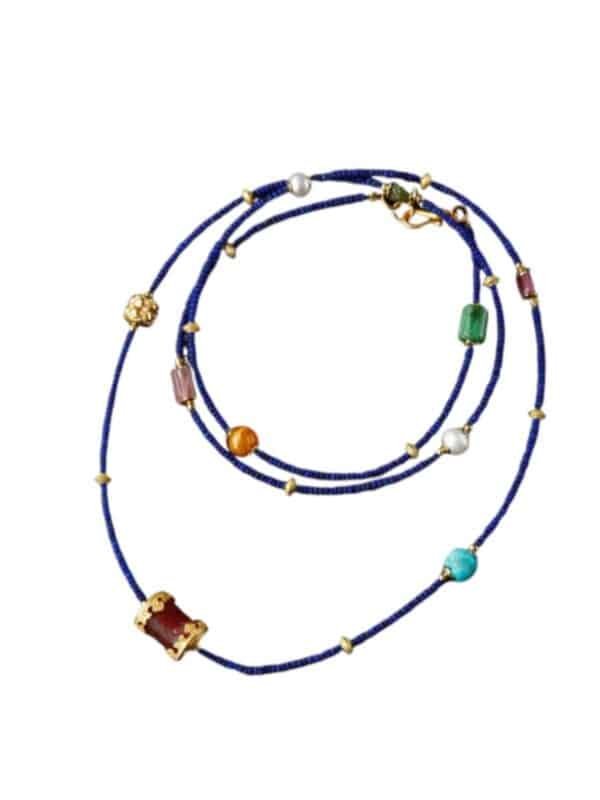 Natural lapis lazuli small beads multi-circle Duobao design bracelet necklace dual-purpose with pearl tourmaline accessories