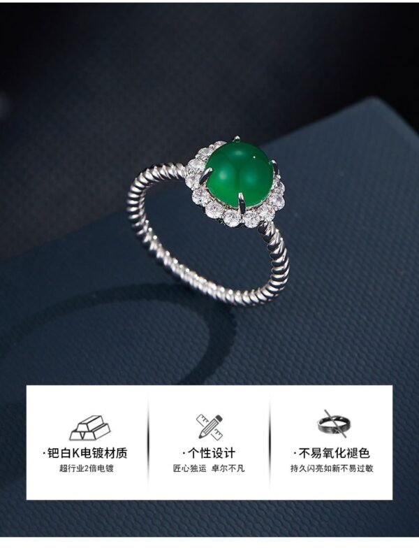 Nieuwe Chinese stijl groene chalcedoon open ring lichte luxe hoge gevoel licht ingelegd verstelbare ring Internet beroemdheid dezelfde ring