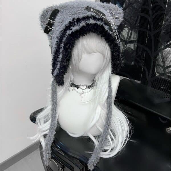 japanese original subculture bear hat cute cross star wool hat niche dark zipper bald hat