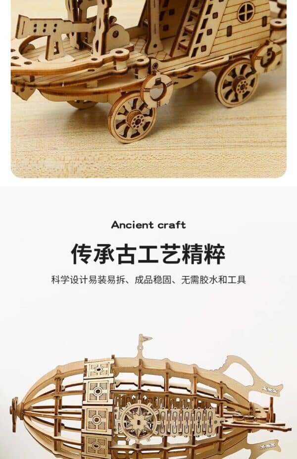 3d three dimensional puzzle, wooden airship mechanical transmission simulation three dimensional model hand assembled creative toy gift.